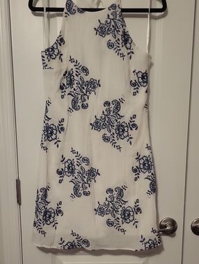 White and Navy Floral Halter Dress